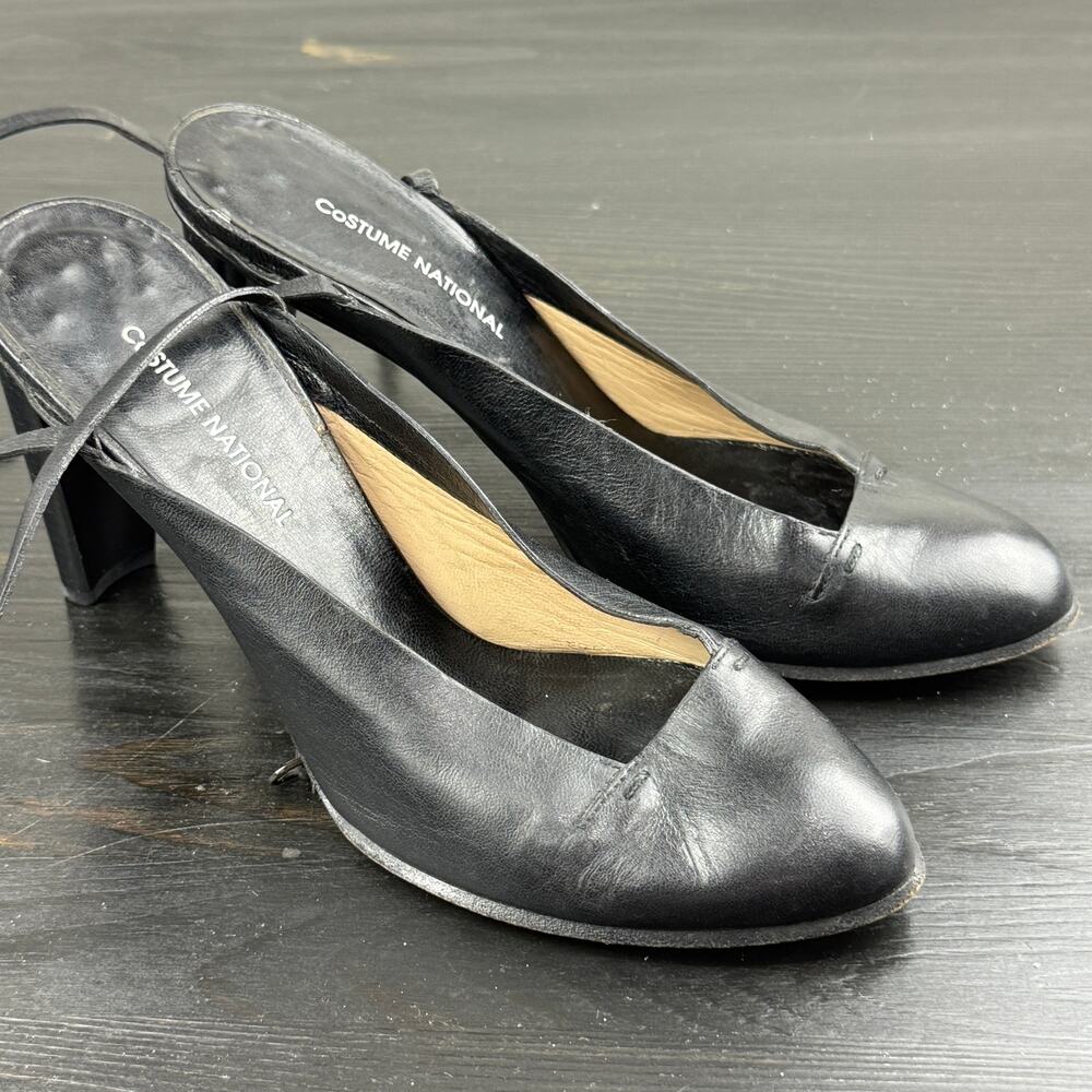 Vintage Costume National Ankle Strap Black Leather Shoes High Heel Womens 37